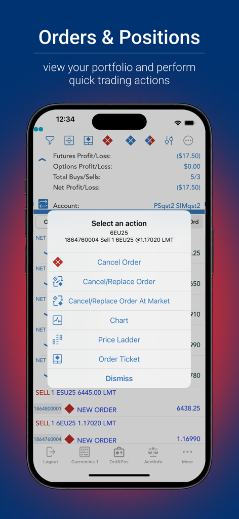Interfaz de QST Mobile para gestionar órdenes y posiciones de trading con un menú de acciones