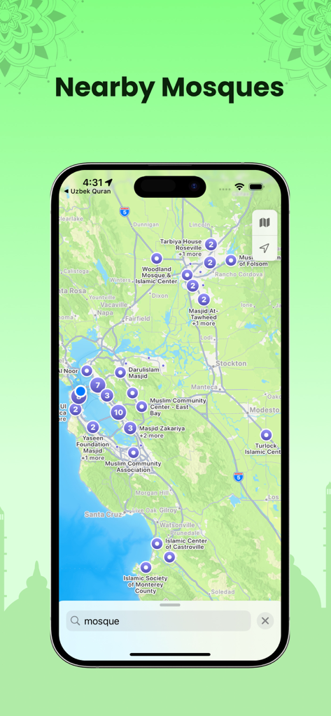 Map interface of the Uzbek Quran app showing locations of nearby mosques