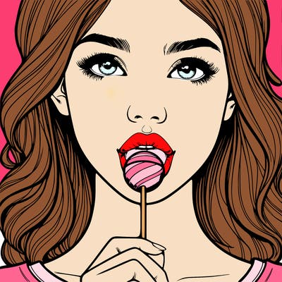 a realistic girl with a lollipop in her mouth