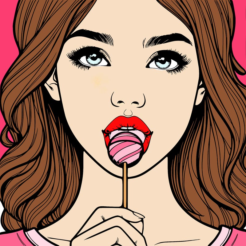 a realistic girl with a lollipop in her mouth