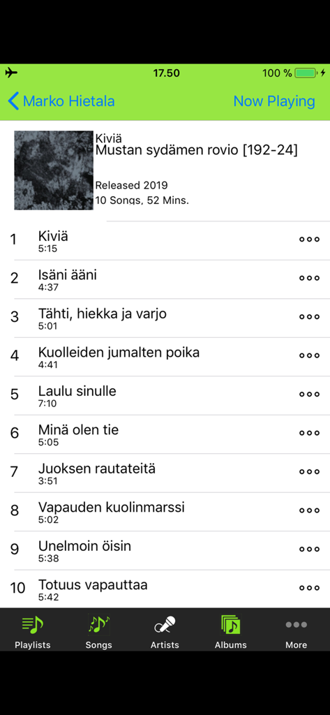 BAPU - BAPU high-fidelity music player interface showing the tracklist for Marko Hietala album