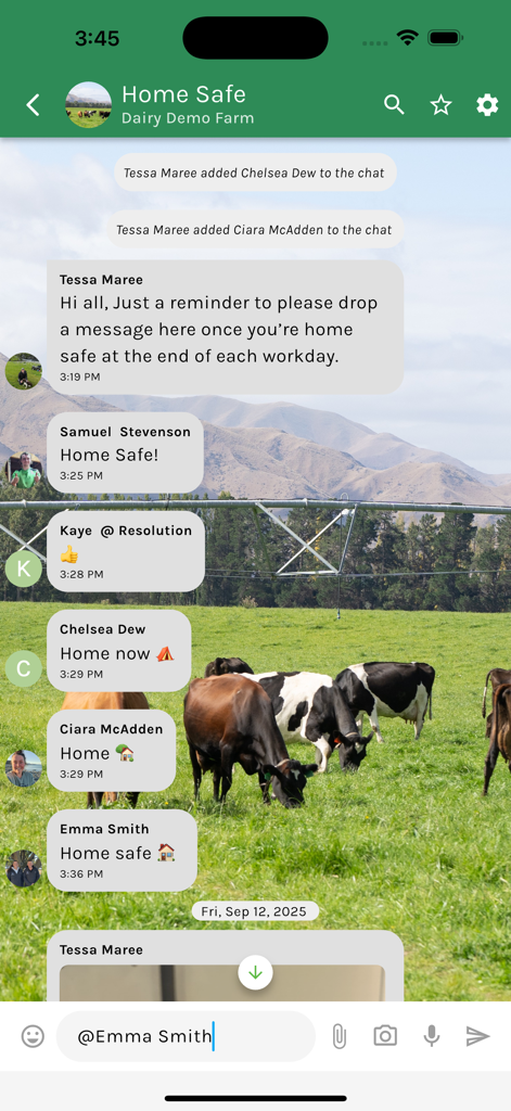 Resolution Farming App - Resolution Farming App group chat interface showing a team checking in safely after a day on the farm