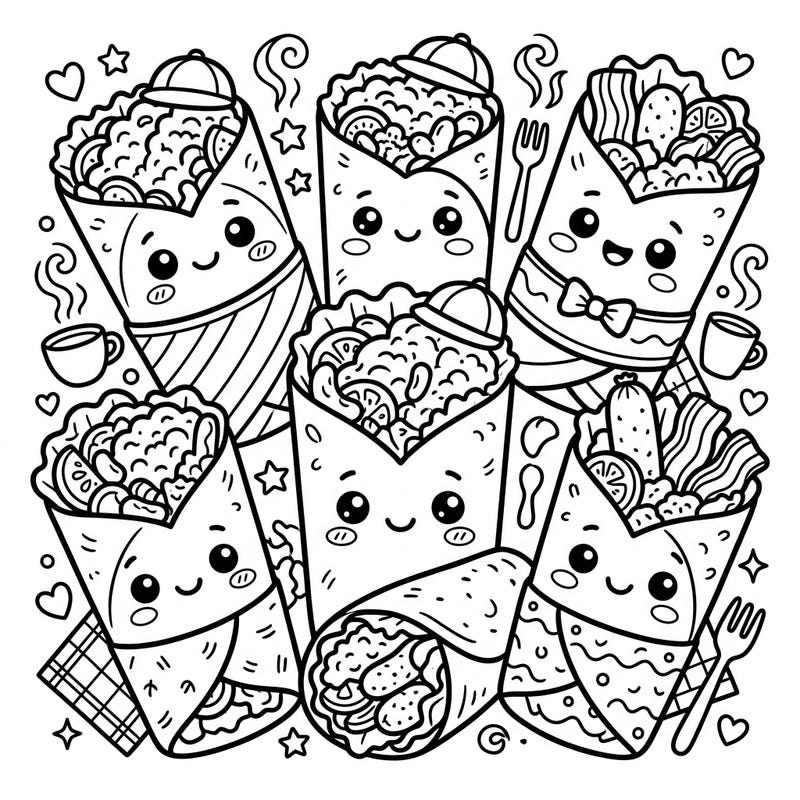 Wake up your creativity with this super cute Kawaii Breakfast Burritos coloring page! Dive into a delicious world of happy food characters, ready for you to fill with vibrant colors and joy.