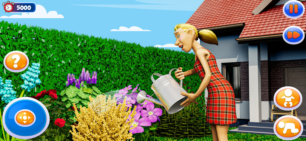 Eine virtuelle Mutterfigur gießt Blumen in einer Gartensimulation