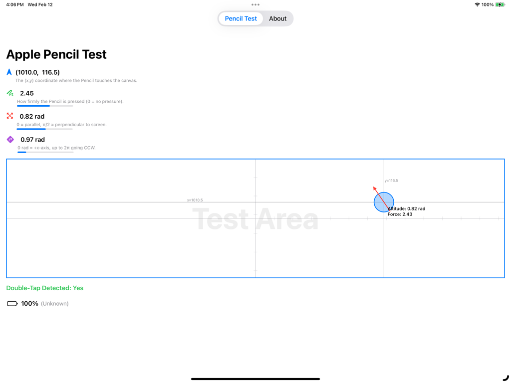 Pencile Test application screen showing real time pressure detection and tilt tracking data for Apple Pencil