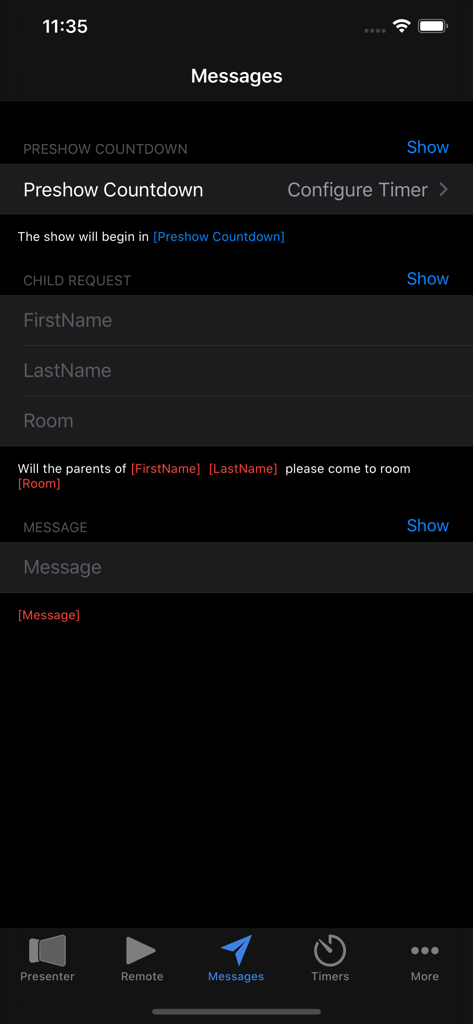 Interfaz de la aplicación ProPresenter Remote que muestra la pantalla de mensajes con opciones de cuenta regresiva previa al espectáculo y anuncio de solicitud infantil