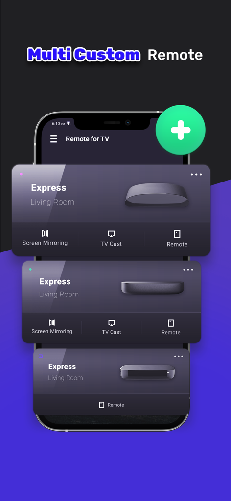 Smart TV Remote App for RK - Smart TV Remote App interface showing multiple connected streaming devices for a living room setup