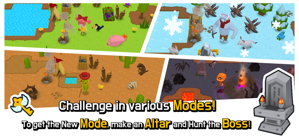 Mine Survival - Mine Survival gameplay collage showing different environments like forest, snow, desert, and cave modes.