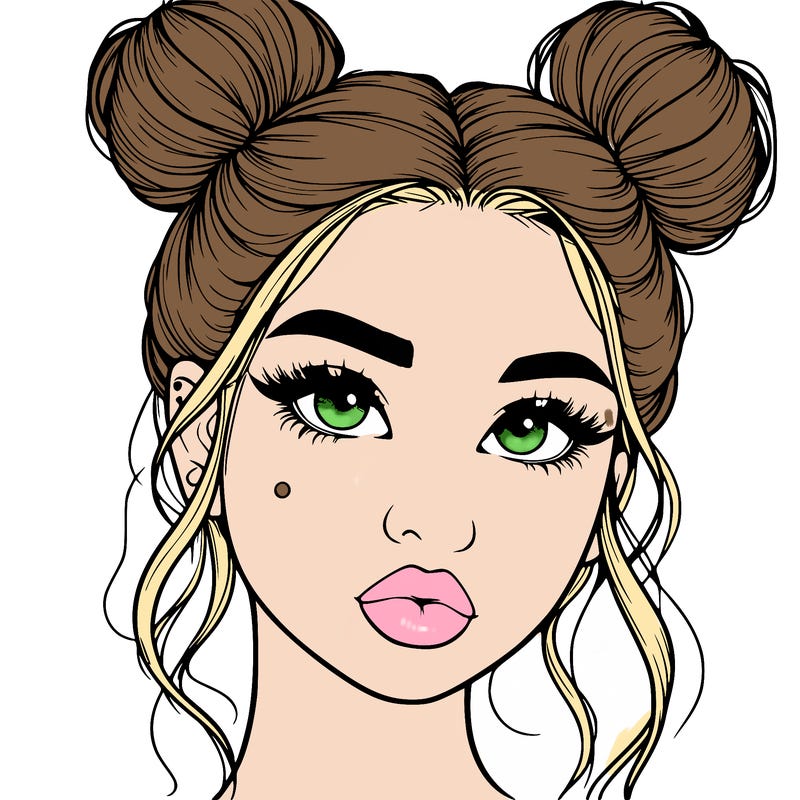 realistic girl with two buns on her hair and lips