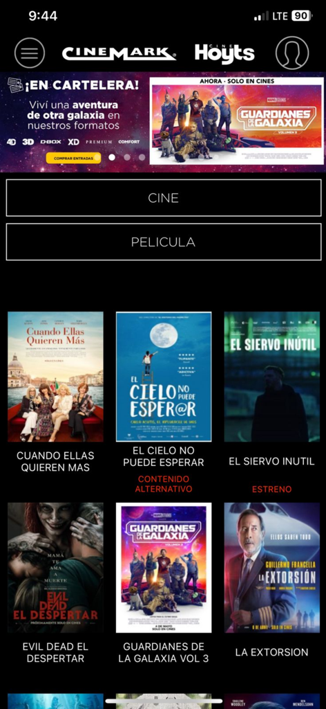 Cinemark Hoyts Argentina mobile app home screen showing movie listings and search buttons