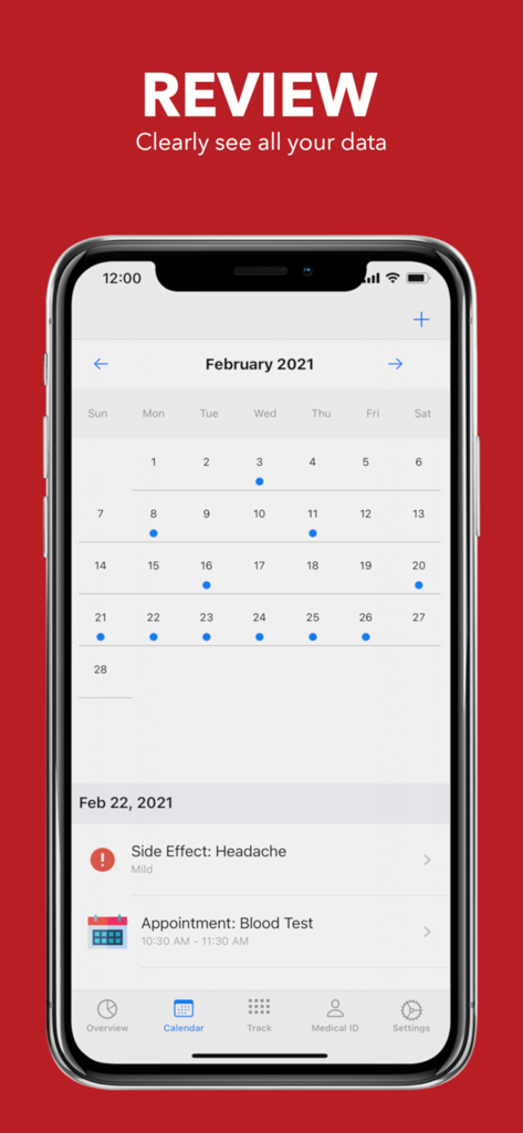 Screenshot of My Cancer Tracker app showing a monthly calendar with logged symptoms like headaches and medical appointments like blood tests.