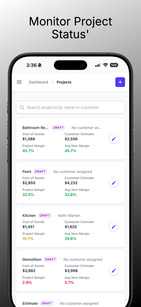 EasyEstimate - Cost Estimation - Project tracking dashboard showing costs and profit margins for construction jobs