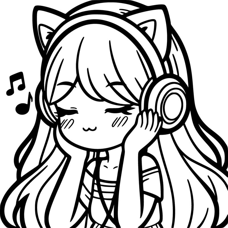 girl with cat ears and long hair listening to music