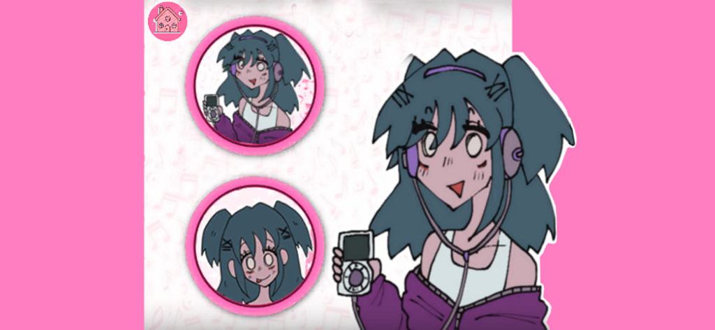 Makeup parlor laceys game - Personaje estilo anime con cabello azul usando auriculares morados y sosteniendo un reproductor de MP3 en el juego de salón de maquillaje Lacey