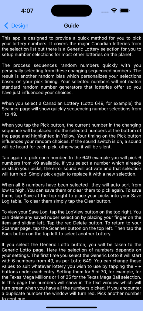 LottoPicker 앱 사용자 가이드 화면으로 복권 번호를 선택하고 저장하는 방법에 대한 자세한 지침이 포함되어 있습니다.