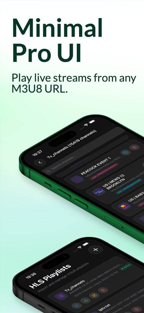 KofuPlayer app interface showing the minimal dark UI for streaming live HLS and M3U8 content.