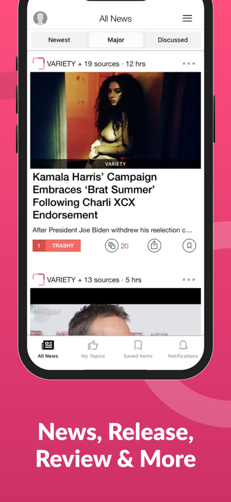 Celebrity News & Social Trends - A mobile interface for the Celebrity News and Social Trends app showing a news feed with trending entertainment stories