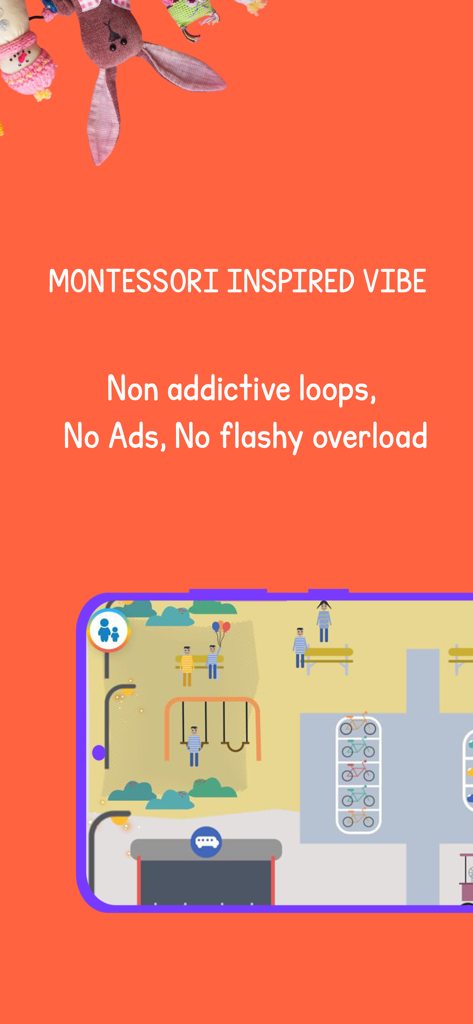 Turtlebee Montessori Preschool - Captura de pantalla de la aplicación Preescolar Montessori Turtlebee que muestra una escena minimalista de patio de juegos y enfatiza su diseño sin adicciones ni anuncios