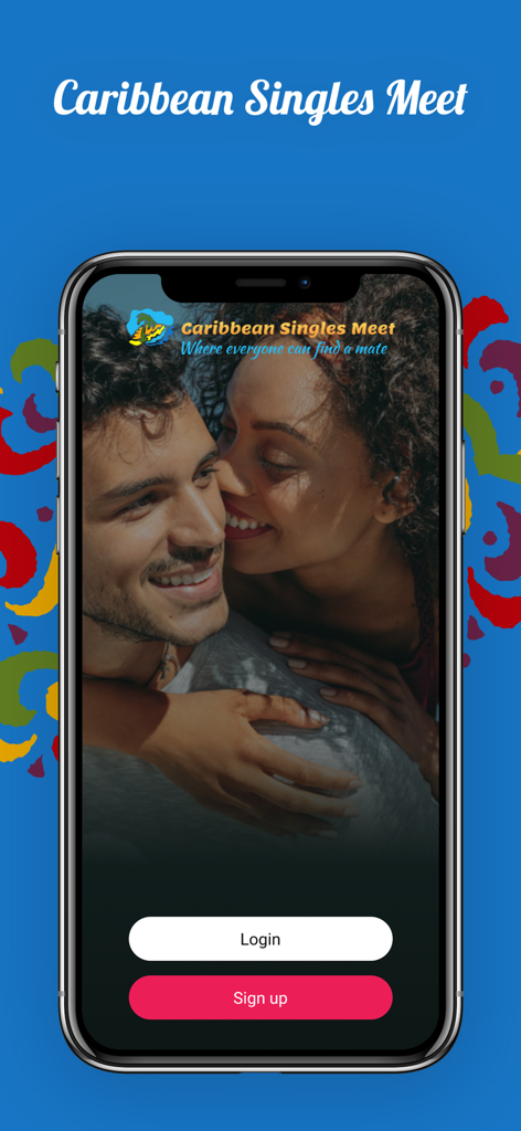 Caribbean Singles Meet: Dating - A smartphone screen displaying the Caribbean Singles Meet dating app welcome page with login and sign up buttons over an image of a smiling couple.