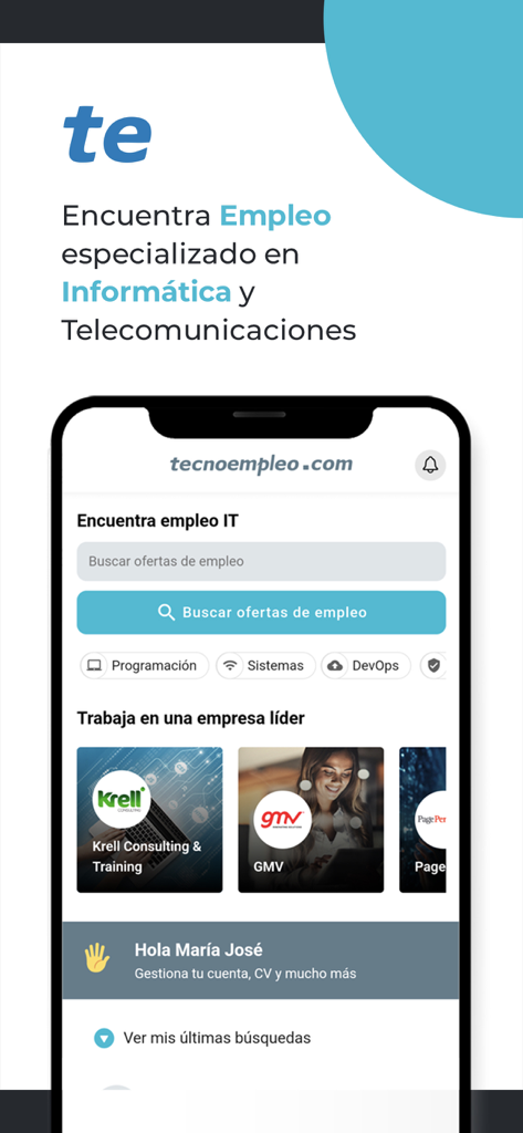 Mobile app interface of Tecnoempleo for finding specialized jobs in IT and telecommunications