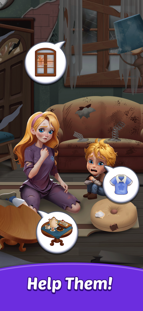 Bubbles Shooter - A mother and child in a messy room needing help to repair their home in the Bubbles Shooter game