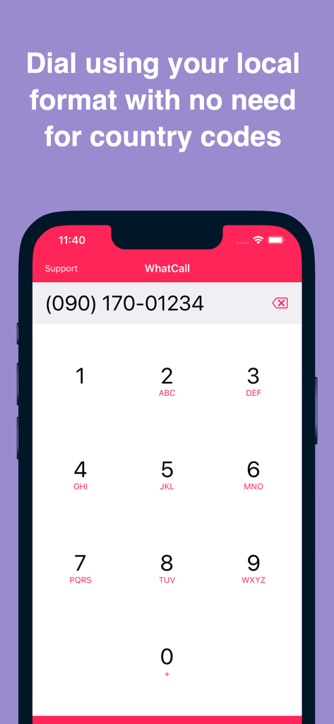 WhatCall mobile app dialer interface showing local phone number formatting without country codes