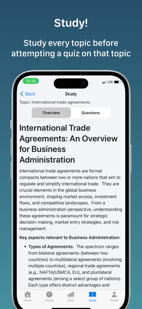 Business Administration - The study section of the Business Administration app featuring a lesson on international trade agreements.