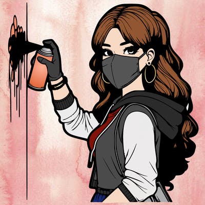 realistic girl with mask spray painting a wall