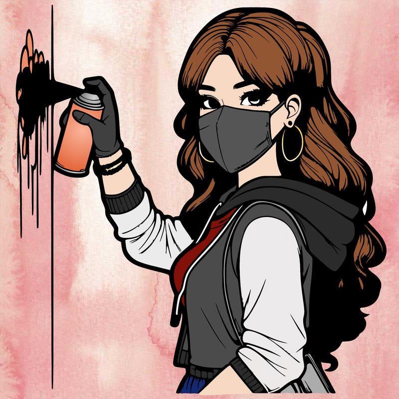 realistic girl with mask spray painting a wall