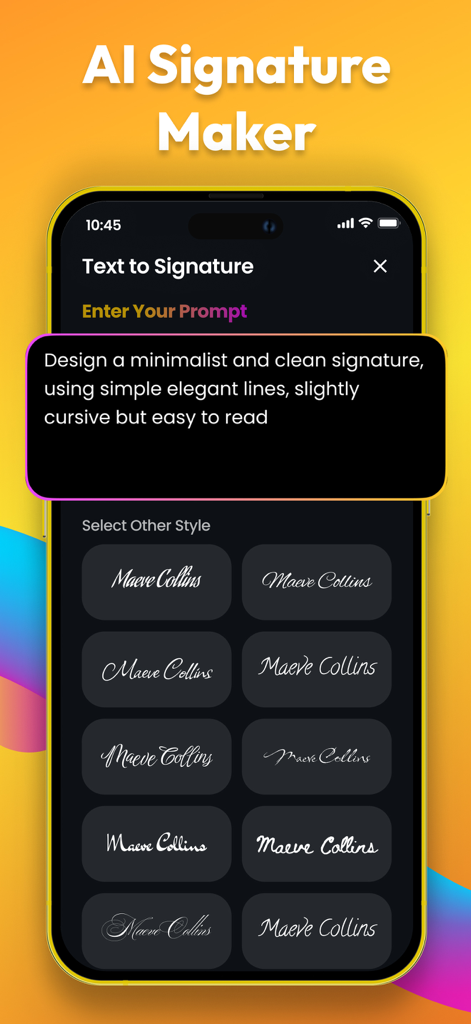 Un écran d'application mobile montrant la fonction de générateur de signature IA avec divers styles de signature numérique cursifs et élégants pour un look professionnel