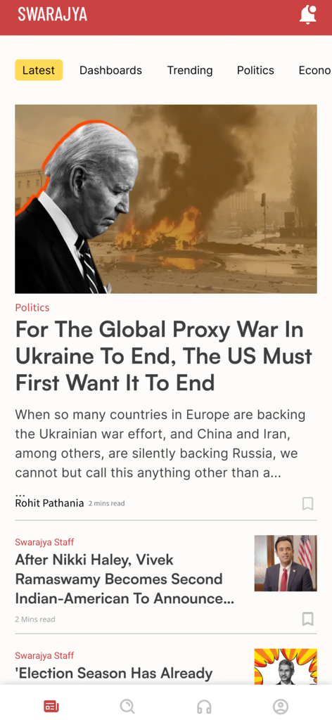 Swarajya news app home screen showing political analysis articles and news about the Indian diaspora