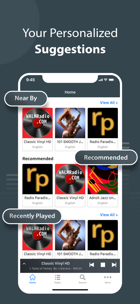 Pantalla de inicio de la aplicación Radio Tuner mostrando sugerencias de emisoras personalizadas y música reproducida recientemente.