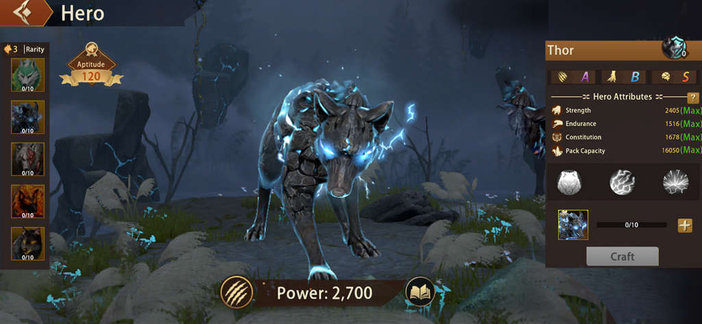 Wolf Game: Wild Animal Wars - Wolf Game hero interface showing the mystical wolf Thor with glowing blue lightning and character attributes.