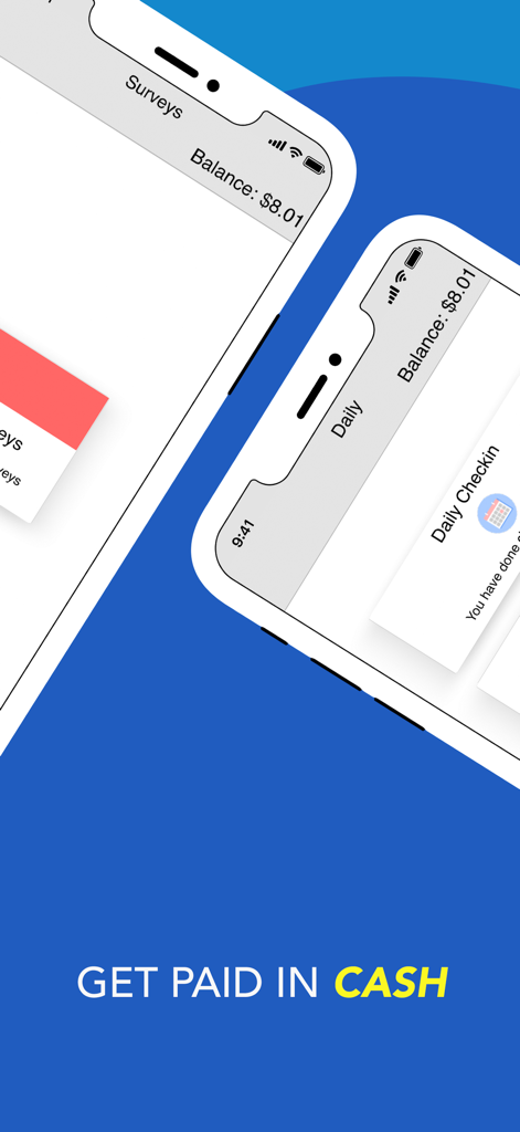 Survey plus app interface on iPhone showing cash balance and daily check in rewards