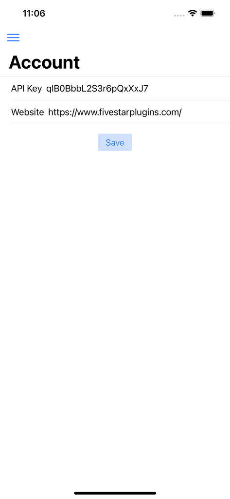 Five Star Restaurant Manager - Five Star Restaurant Manager account configuration screen showing API key and website URL fields.