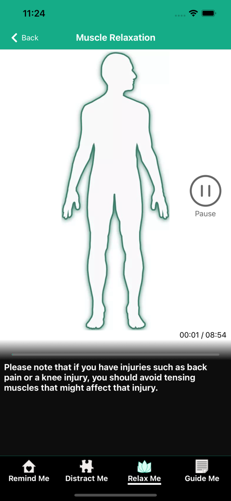 Virtual Hope Box (new) - Muscle relaxation feature in the Virtual Hope Box app showing a human body silhouette and guided exercise timer.