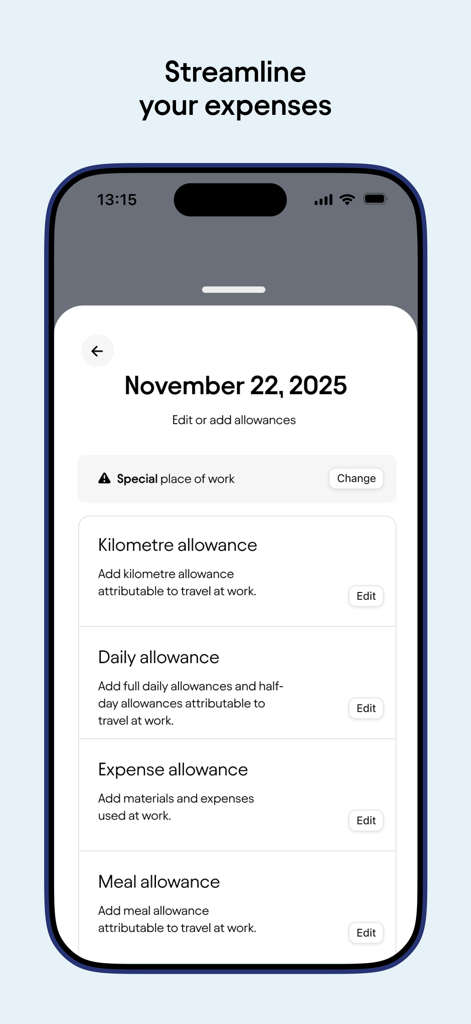 Mobile interface for managing work expenses and allowances in the Truster app