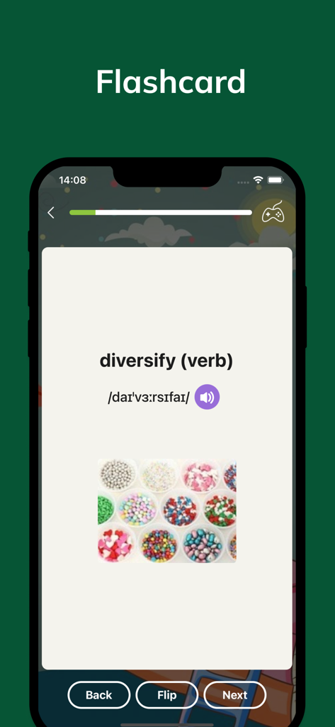 3000 Core English Vocabulary - A mobile app flashcard for learning the English word diversify with its phonetic pronunciation and a descriptive image.