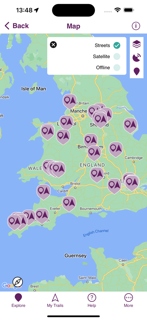 An interactive map of England and Wales showing numerous heritage trail locations marked with purple pins