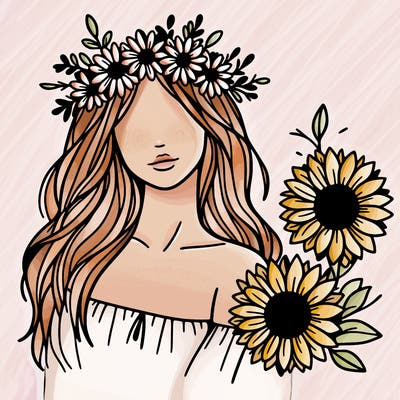 woman with daisy crown and sunflowers minimalist and boho