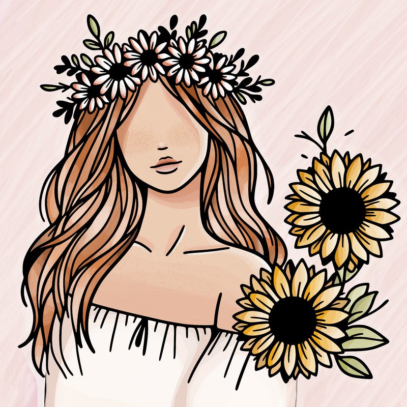 woman with daisy crown and sunflowers minimalist and boho