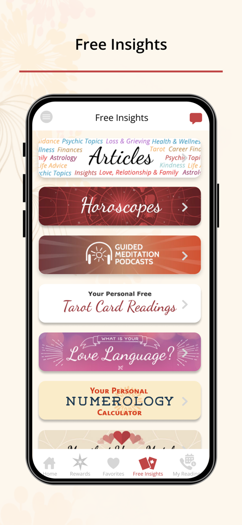 Pantalla de la aplicación Psychic Source que muestra información gratuita, incluyendo horóscopos, lecturas de tarot y podcasts de meditación