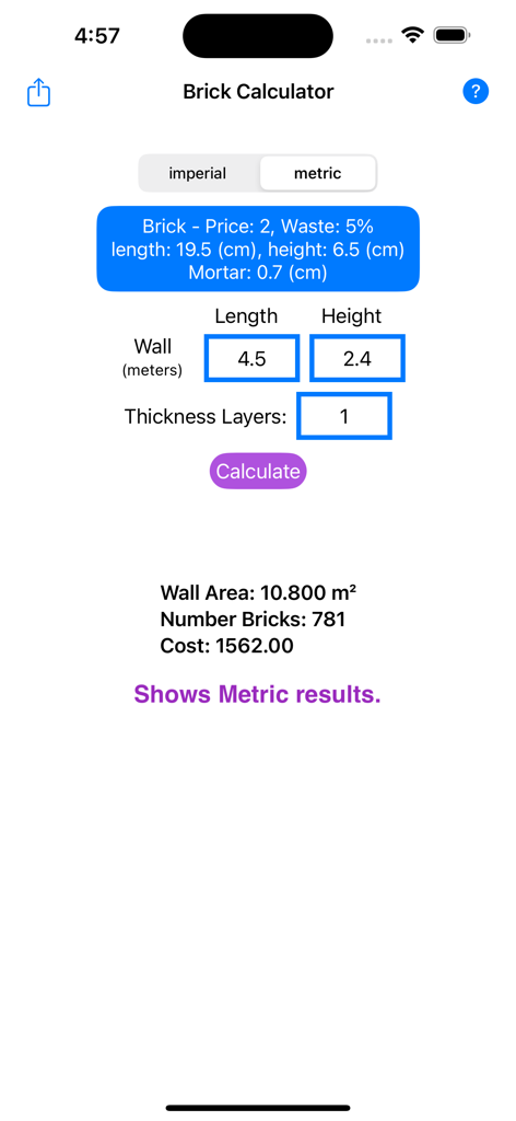 Mobile interface of Bricks Estimator app displaying wall dimensions brick count and cost calculation in metric units