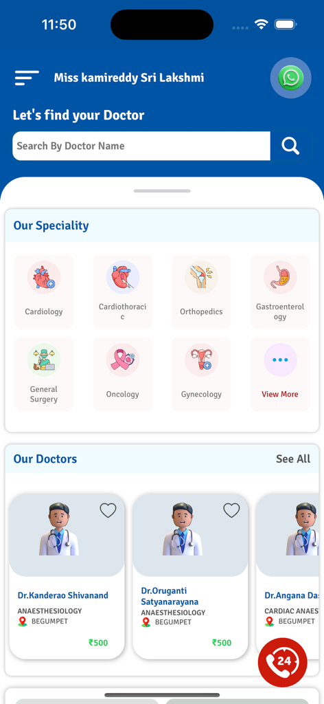 Medicover Hospitals mobile app dashboard showing doctor search options and medical specialties like Cardiology and Oncology.