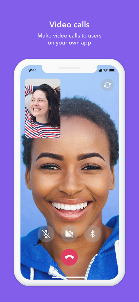 Sendbird Calls mobile app showing a high-quality video call interface for developers