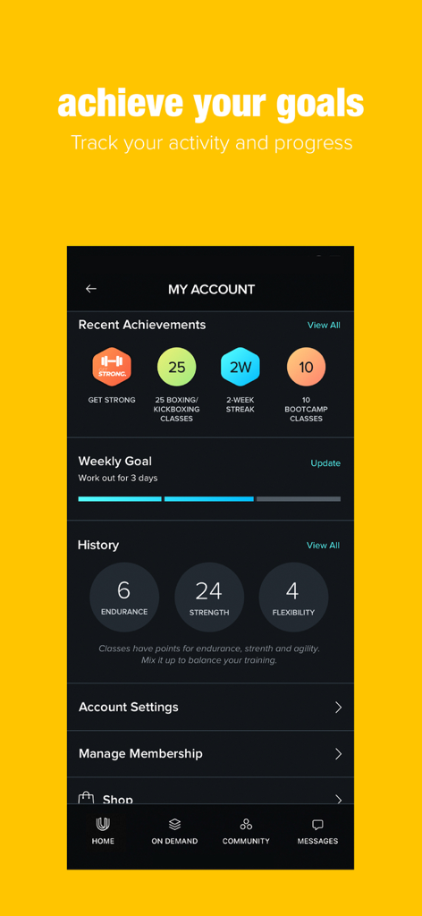 NEOU-App-Dashboard, das Fitness-Erfolge, Abzeichen, Wochenziele und Trainingsverlauf-Tracking anzeigt.
