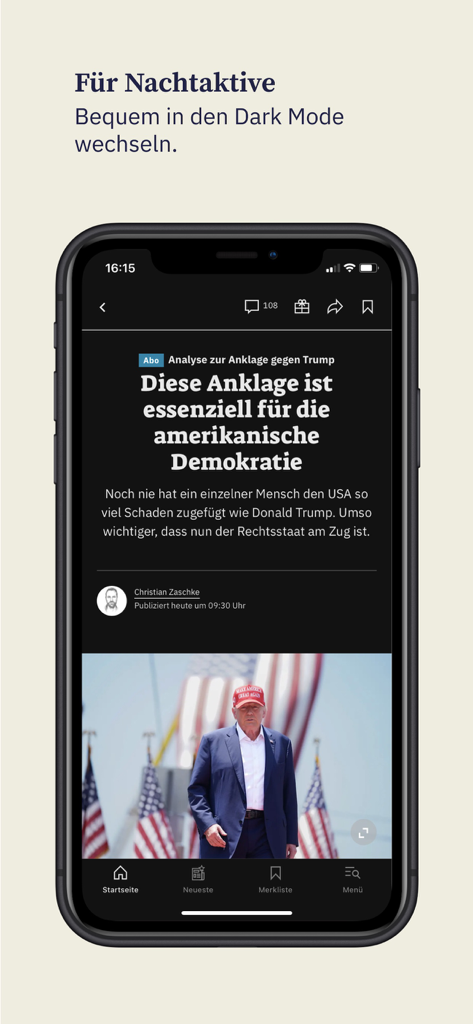 A screenshot of the Der Bund news app showing a political article interface in dark mode