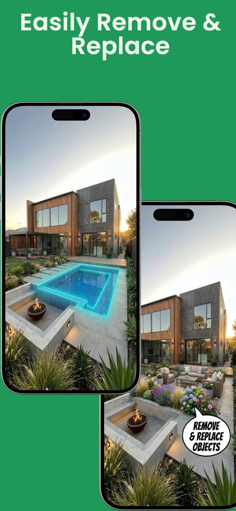 Backyard AI – Landscape Design - Mobile app interface showing the removal of a swimming pool and its replacement with a patio and garden using AI landscape design tools