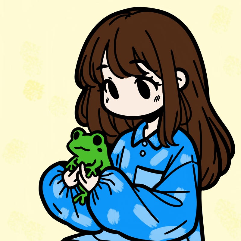 girl with long hair and a oversized shirt. and she is holding a frog