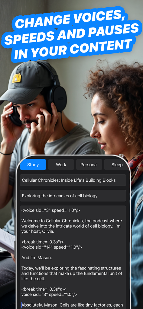 Interfaccia dell'app che mostra la personalizzazione della voce AI con velocità e pause regolabili